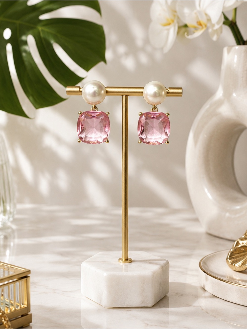 Pearl & Pink Crystal Drop Earrings | Gold Tone Statement Romantic Luxe Earrings